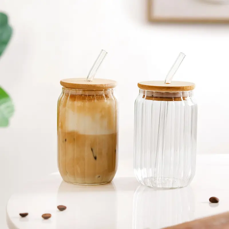 Fluted Glass Tumblers With Reusable Wooden Lids & Straws – 400Ml, 2-Piece Set 1