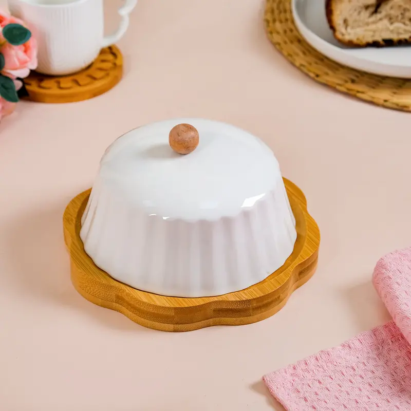 Fluted Wooden Serving Dish – Round Bowl With Ceramic Lid And Textured Rim 1