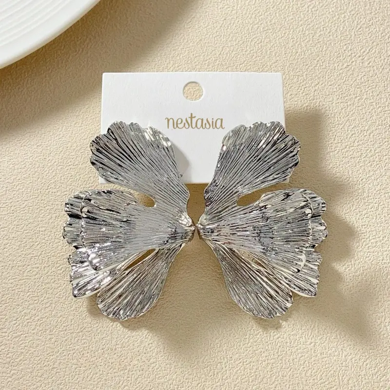 Folded Ginkgo Leaf Statement Earrings In Silver 1
