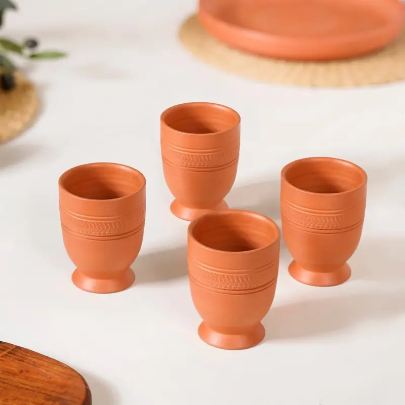 Footed Terracotta Clay Tumblers – Set Of 4 Handcrafted Cups (200Ml) 1