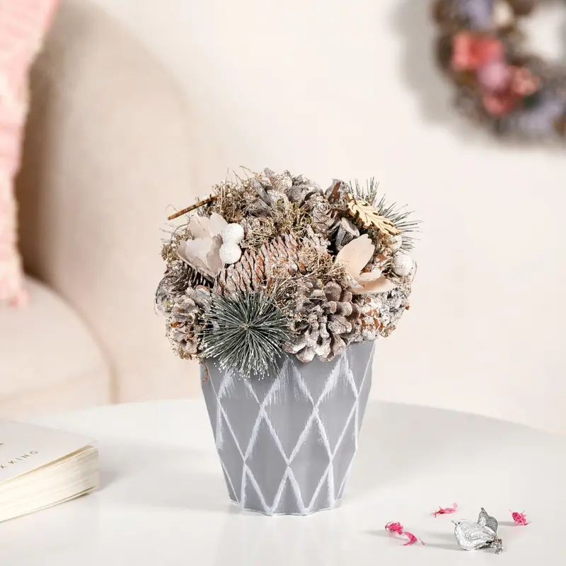 Frosty Pine Cone Dried Flower Arrangement In Eco Pot 1