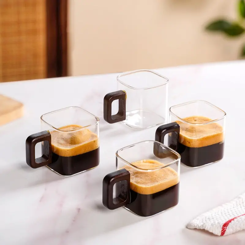 Fusion Square Glass Cups With Natural Wooden Handles – 4-Piece Set (200Ml Each) 1