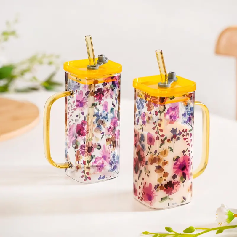 Garden Rose Design Leakproof Glass Travel Sippers – Set Of 2 With Straw (365Ml) 1