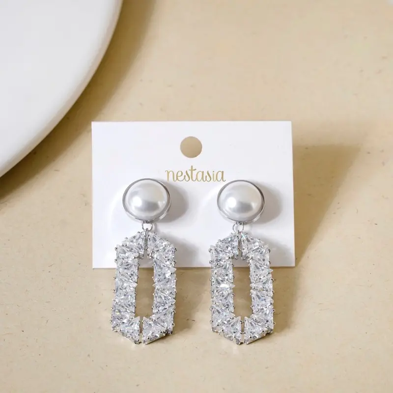 Geometric Silver Hexagonal Pearl Danglers 1