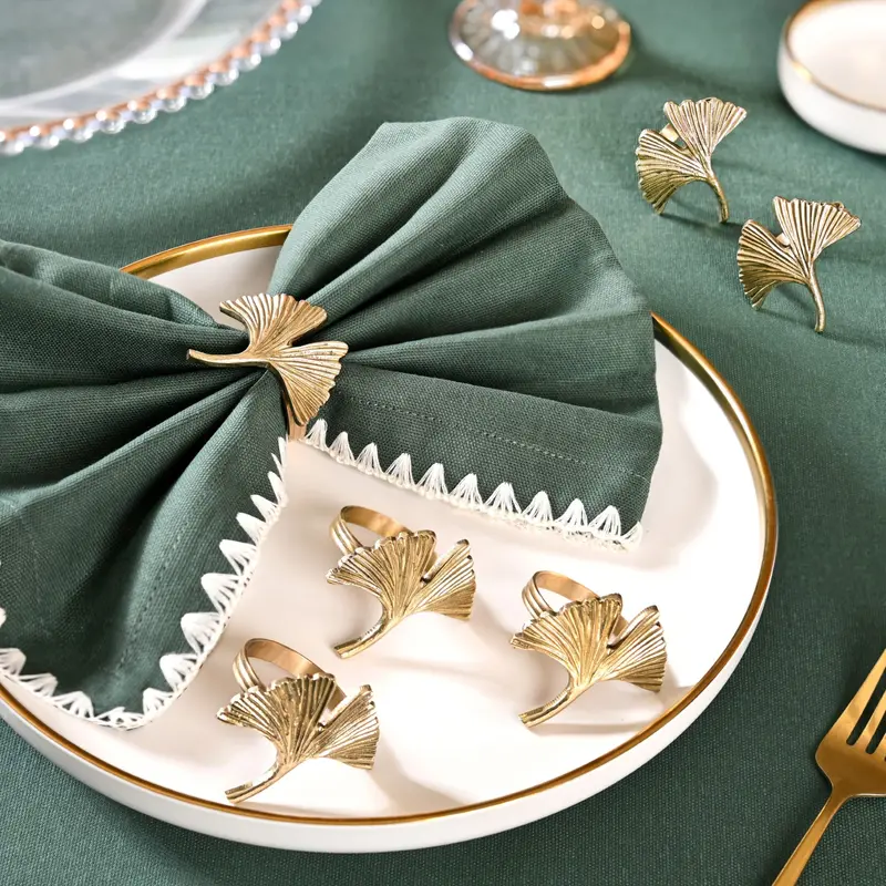 Ginkgo Leaf Brass Napkin Rings – Set Of 6, Gold-Finished 1
