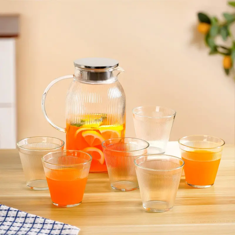 Glass Beverage Set – 1 Jug + 6 Tumblers In Modern Transparent Design 1