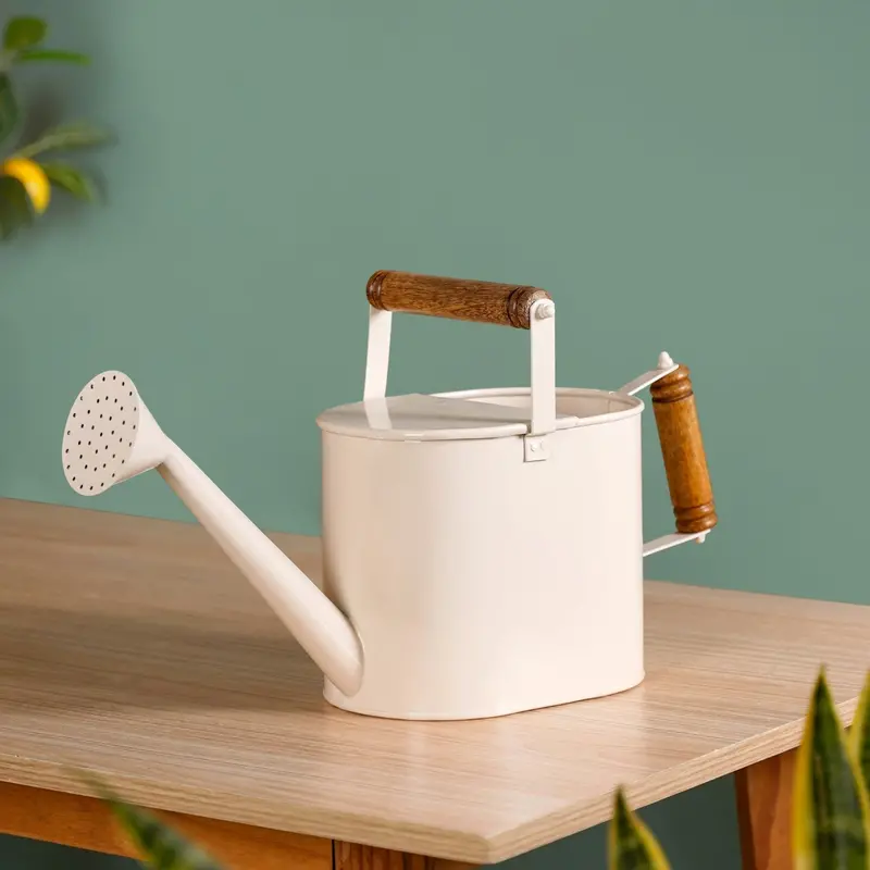 Glossy Blue Metal Watering Can With Dual Wooden Handles 1