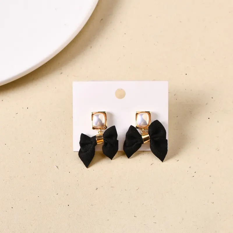 Gold And Black Bow Pearl Earrings 1