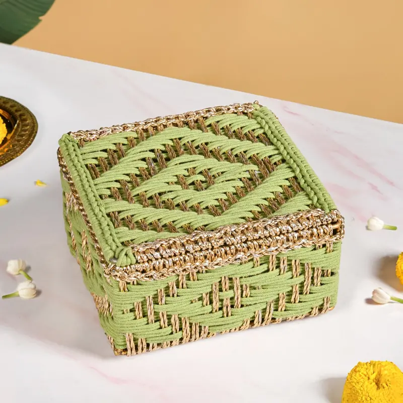 Gold-And-Green Handwoven Basket – Earthy-Tone Decorative Storage Or Gift Hamper 1