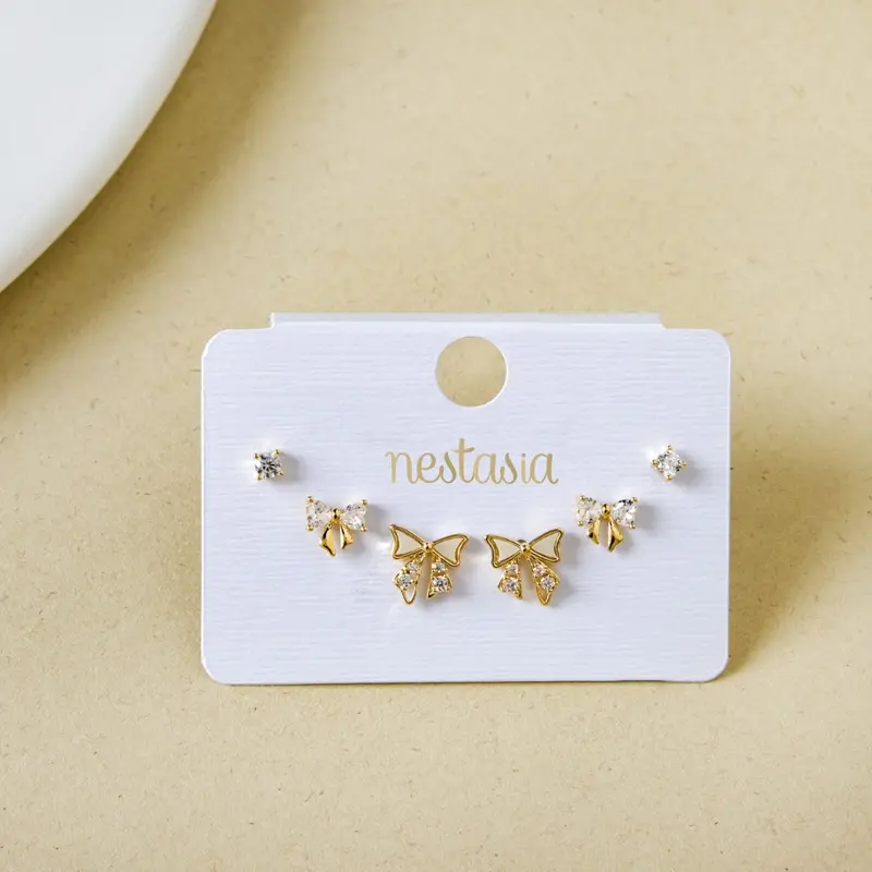 Gold Radiance Ribbon Stud Earrings – Trio Set 1