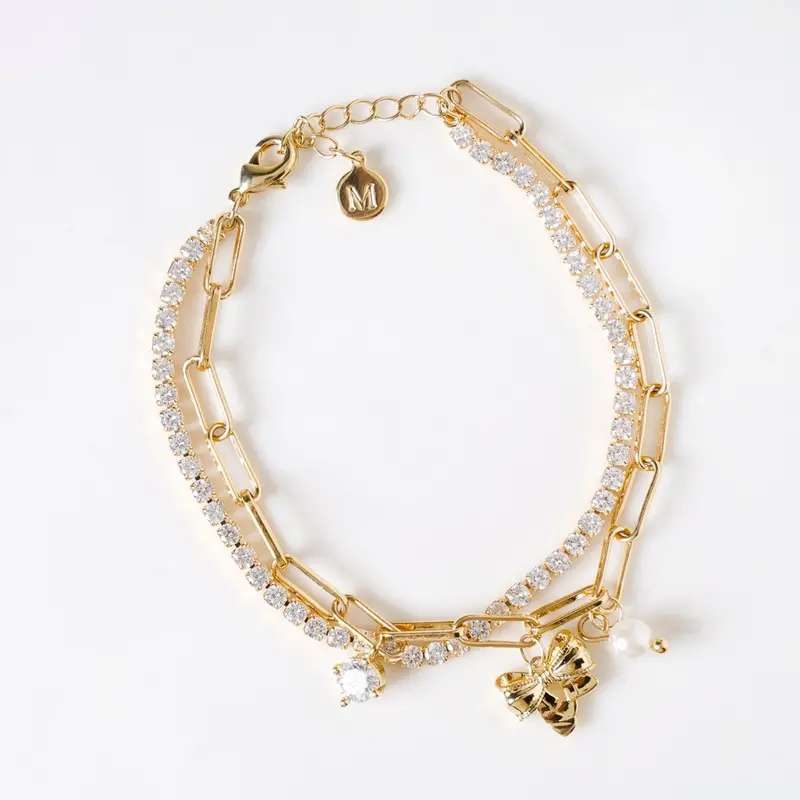 Gold Stone-Studded Bow Charm Bracelet 1