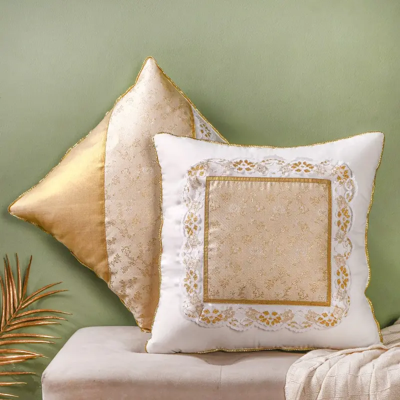 Gold Zari Floral Cushion Cover Pair – Premium Cotton Blend 1