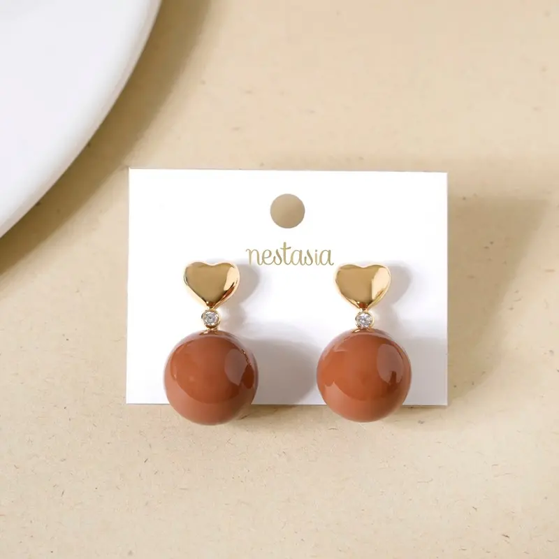 Golden Heart Pendant Drop Earrings In Brown Tone 1