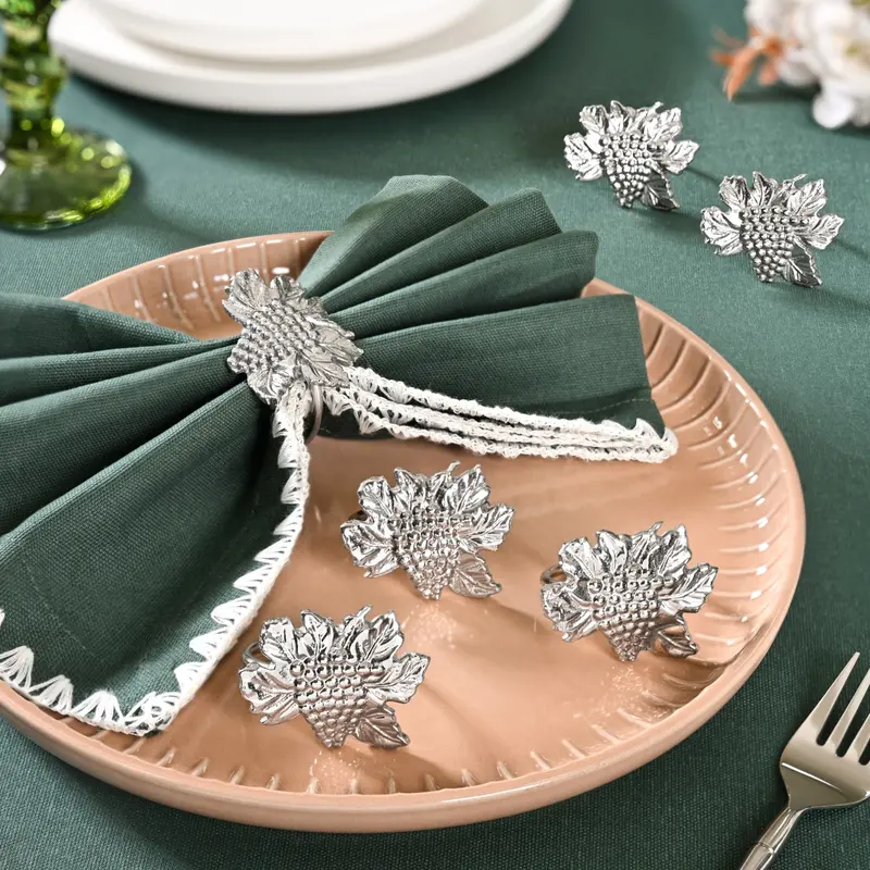Grape Cluster Brass Napkin Rings – Artisan Silver-Toned Set Of Six 1