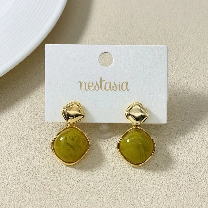 Green And Gold Rhombus Drop Earrings 1