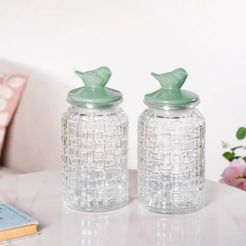 Green Bird-Embellished Glass Storage Jars – 2-Piece Set (1300Ml Each) 1