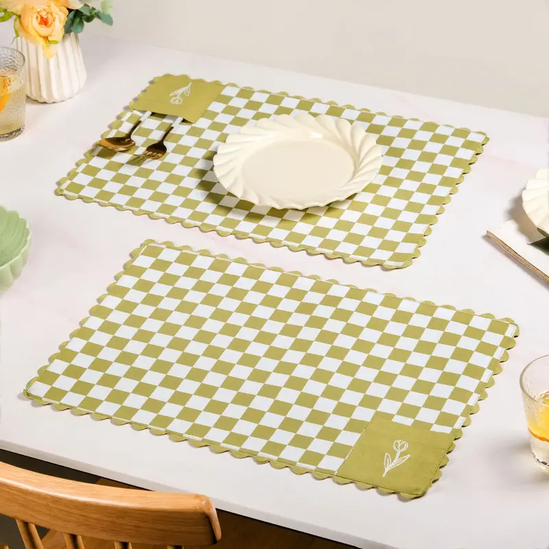 Green Checkered Embroidered Table Mats – Set Of Six Cotton Linens 1