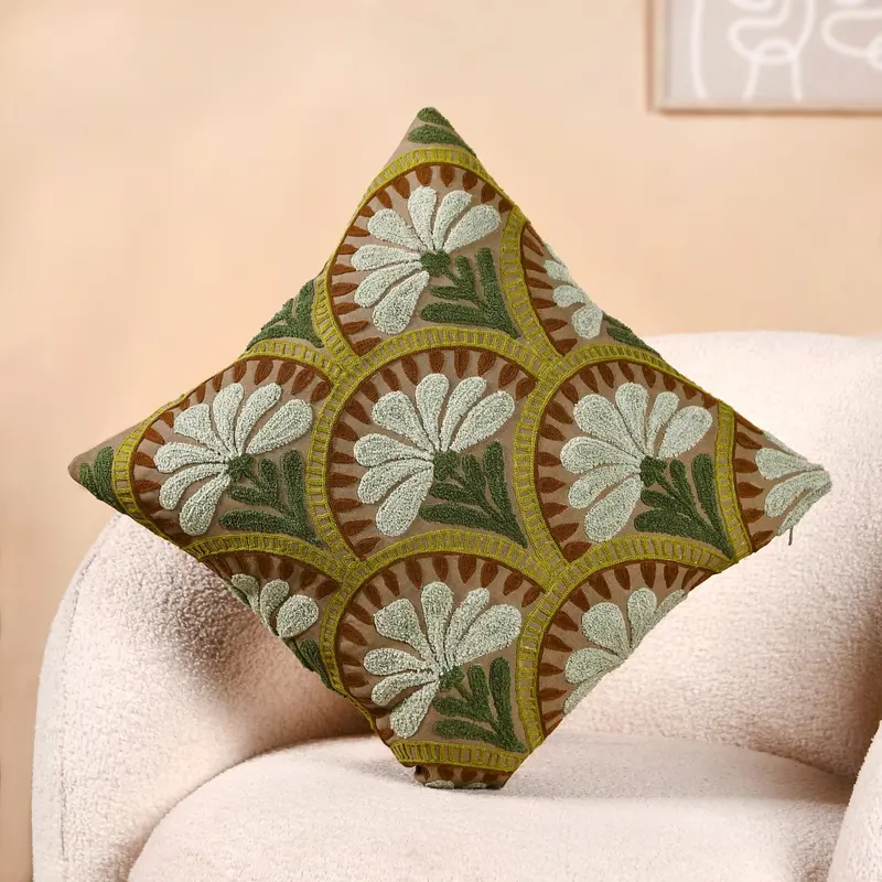 Green Floral Arch Embroidered Cushion Cover – 40X40Cm Cotton Pillow Slip 1