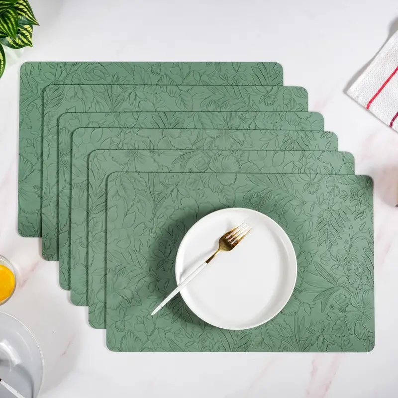 Green Hibiscus-Embossed Rectangular Placemats – Set Of 6 1