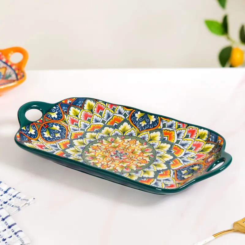 Green Long Ceramic Serving Platter – Mandala Pattern, Modern Entertaining Essential 1