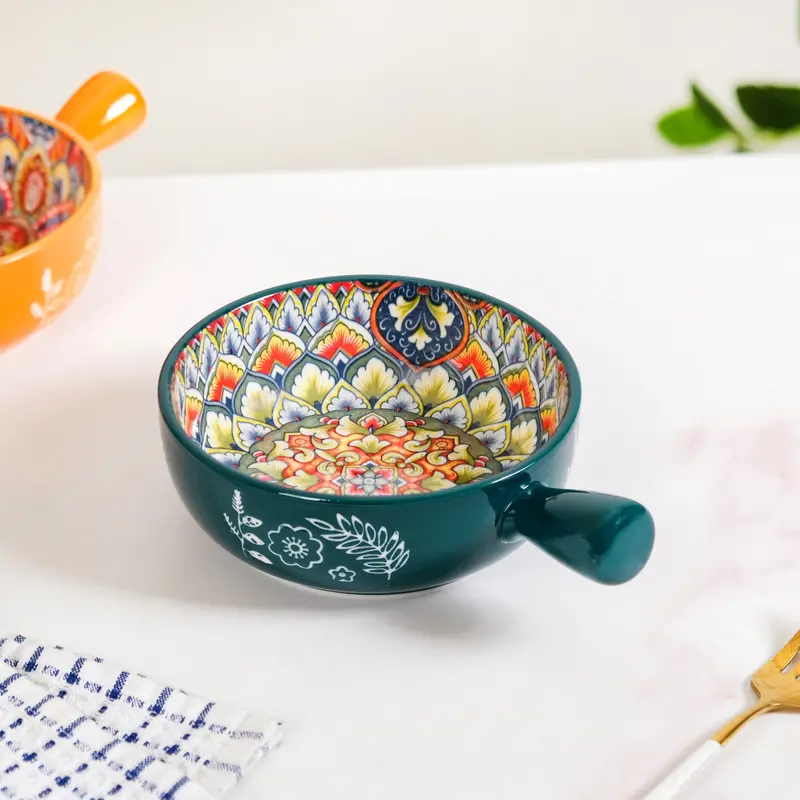 Green Mandala Ceramic Bowl With Handle – 600Ml, Ideal For Salads Or Sides 1