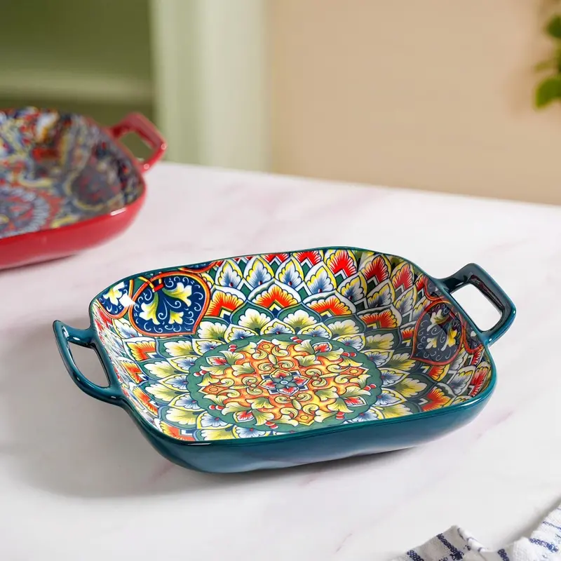 Green Mandala Serving Platter With Ergonomic Handle – Handcrafted Ceramic 1