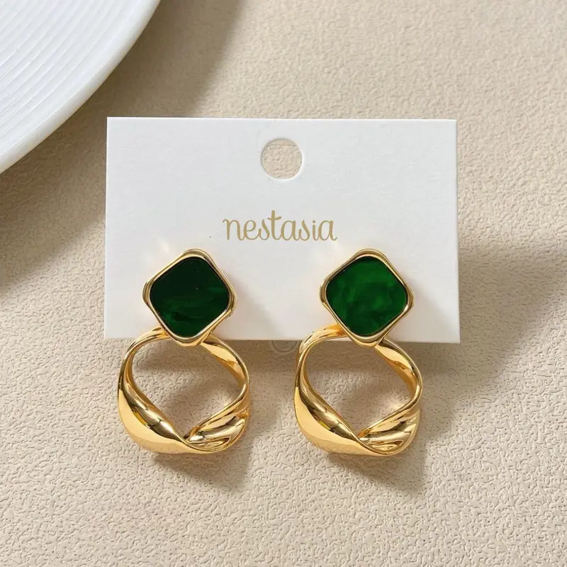 Green Twisted Hoop Dangling Earrings 1