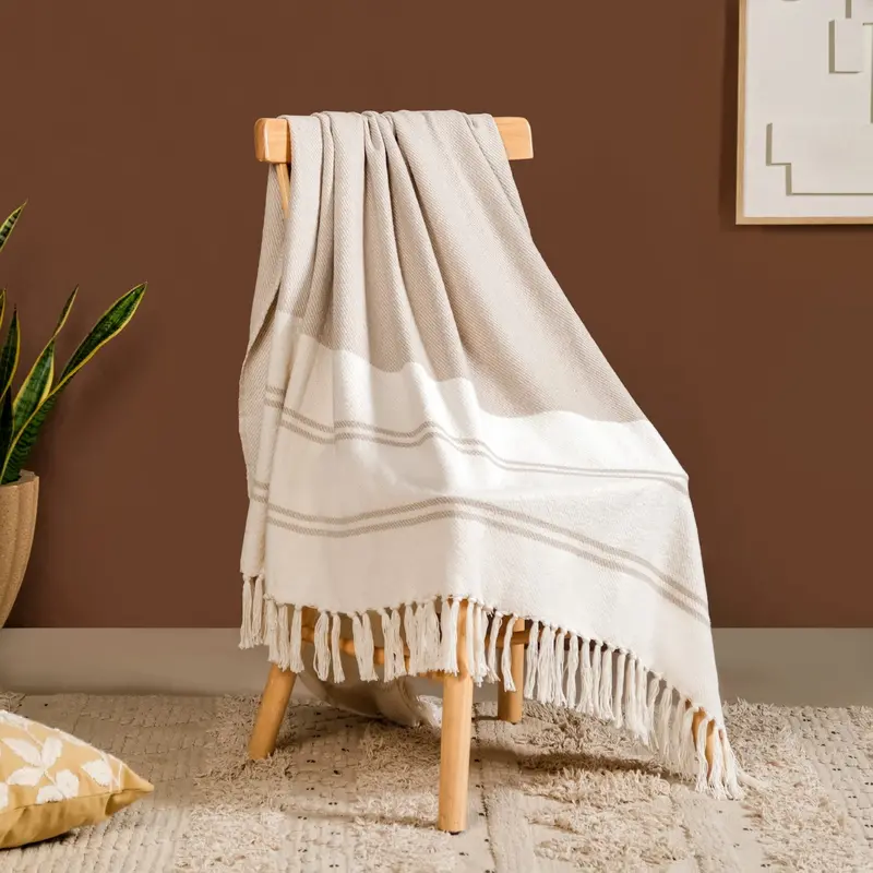 Greige Neutral Cotton Throw With Decorative Tassels 1