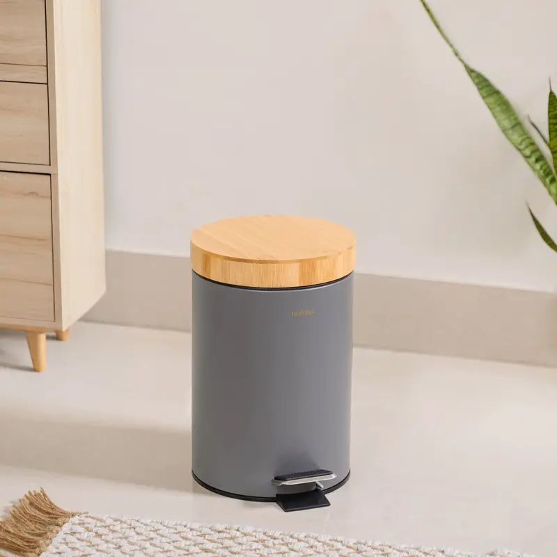 Grey 3L Bamboo-Lid Metal Trash Can With Removable Inner Bucket 1