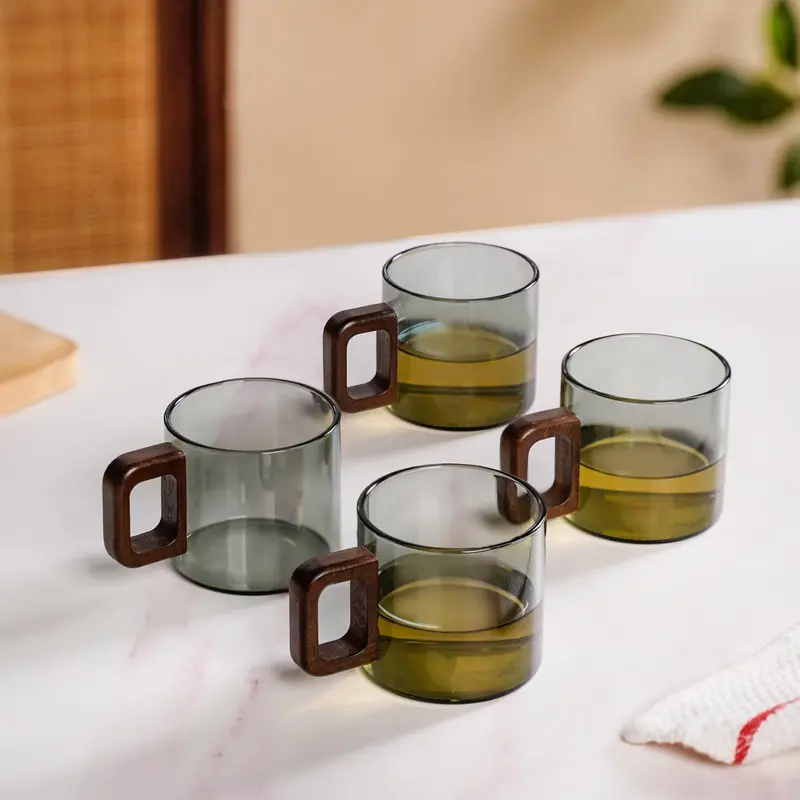 Grey Fusion Square Glass Mugs With Wooden Handles – 4-Pack (200Ml Each) 1