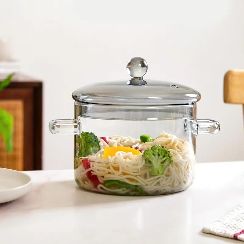 Grey Reflective-Lid Borosilicate Glass Cooking Pot – 2L Flame-Safe Kitchen Pot 1