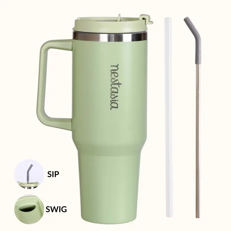 Gripsip 40 Oz Insulated Tumbler With Ergonomic Side Handle – Pistachio Cream Green 1