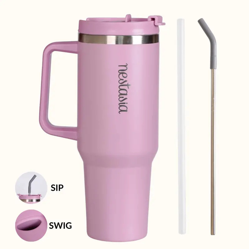 Gripsip 40 Oz Thermal Tumbler With Side Grip Handle – Blush Rose Pink 1
