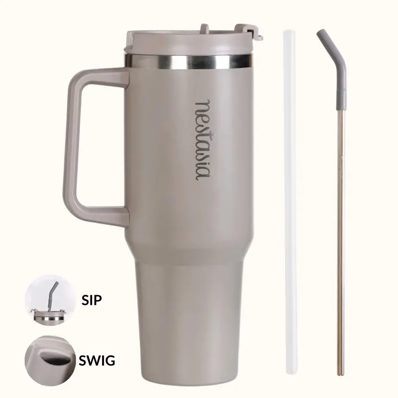 Gripsip 40 Oz Vacuum-Insulated Tumbler – Urban Greige Side-Handle Design 1