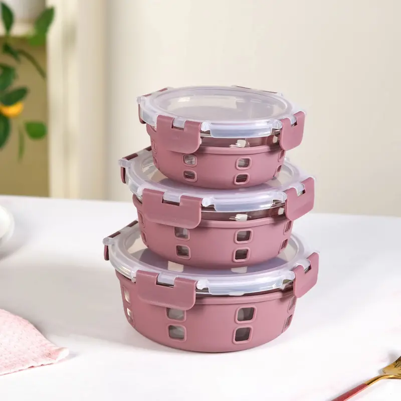 Gripso Airtight Food Storage Containers – 3-Piece Mauve Set With Silicone Sleeves (400Ml–950Ml) 1