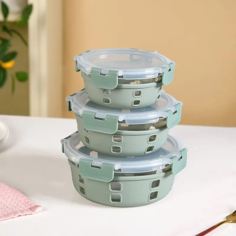 Gripso Borosilicate Glass Lunch Boxes – 3-Piece Sage Green Set With Silicone Sleeves (400Ml–950Ml) 1