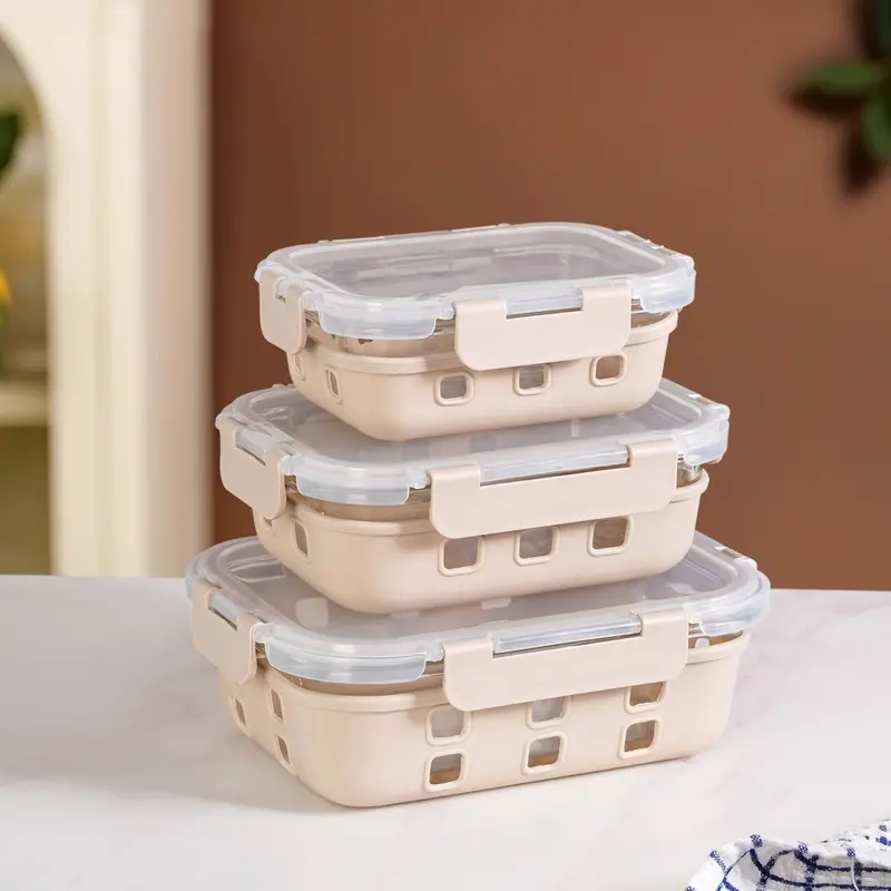 Gripso Leak-Proof Food Storage Containers – 3-Piece Beige Set With Silicone Sleeves (370Ml–1000Ml) 1