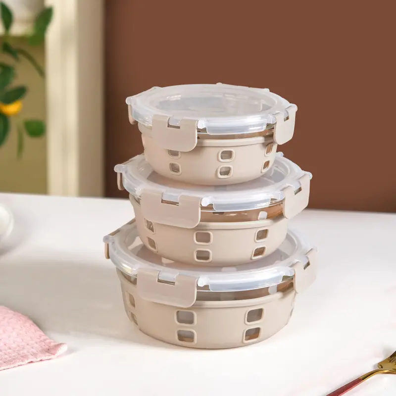 Gripso Microwave-Safe Meal Prep Containers – 3-Piece Beige Set With Silicone Sleeves (400Ml–950Ml) 1
