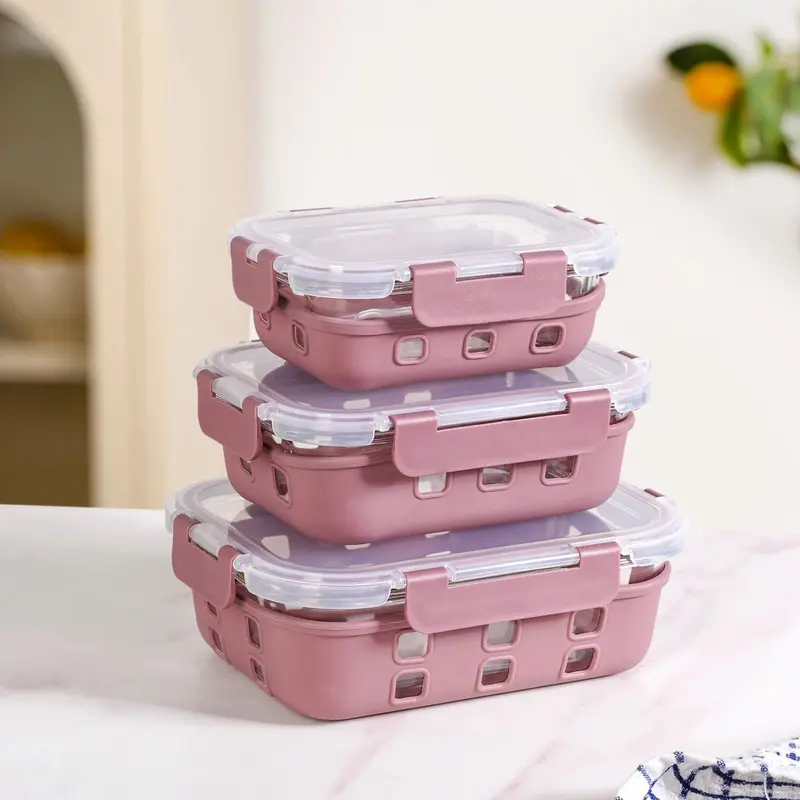 Gripso Office-Friendly Glass Lunch Boxes – 3-Piece Mauve Set With Silicone Sleeves (370Ml–1000Ml) 1