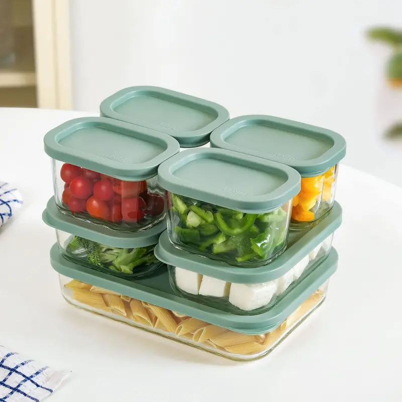 Groovo Borosilicate Glass Food Storage Containers – 7-Piece Set (310Ml, 520Ml, 1200Ml) In Emerald Green 1