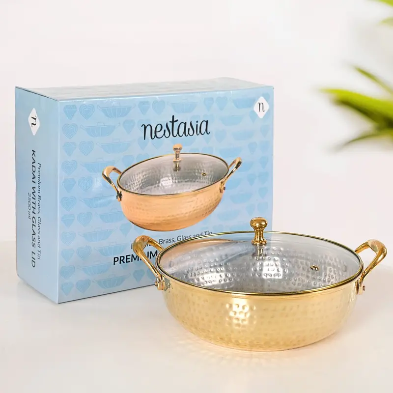 Hand-Hammered Pure Brass Kadhai With Tempered Glass Lid – 4L 1
