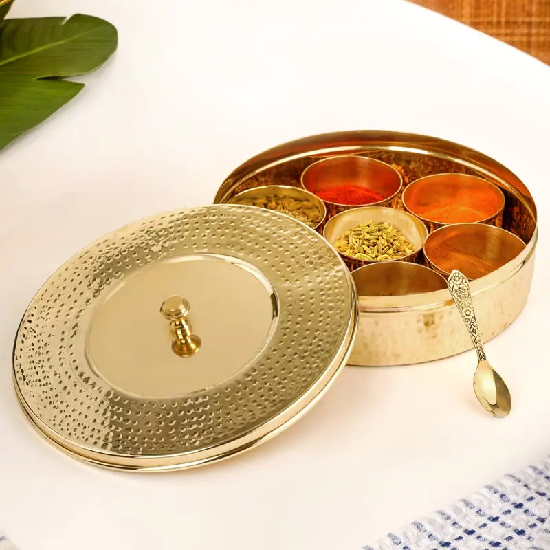 Hand-Hammered Pure Brass Masala Dabba With Scoop 1