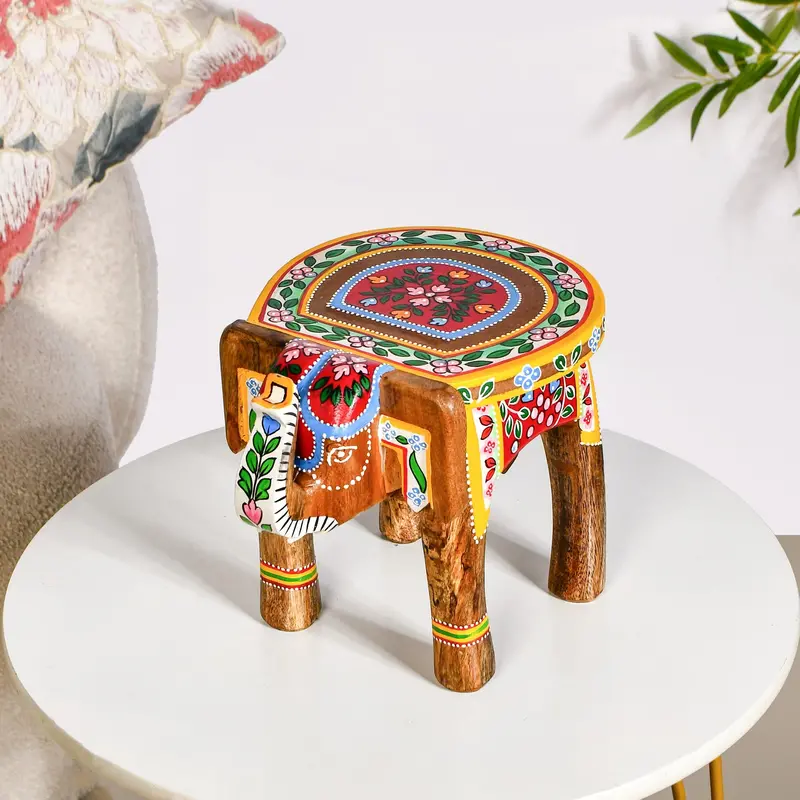 Hand-Painted Mango Wood Elephant Riser – Natural Artisan Craft 1