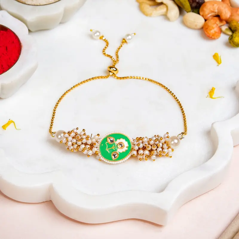 Handcrafted Green Bracelet Rakhi Gift Set 1