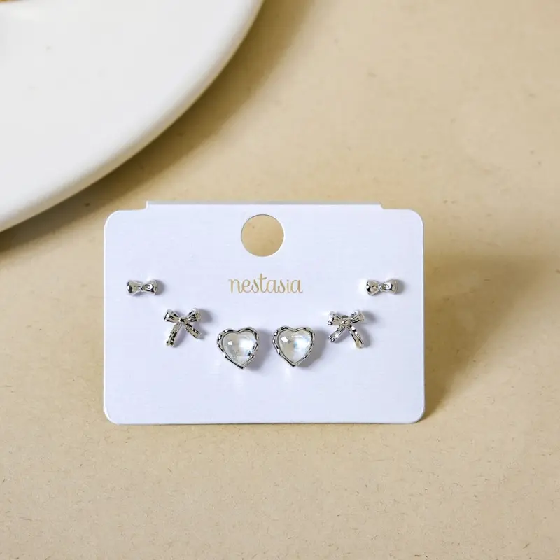 Hearts & Bows Silver Stud Earrings – Three-Piece Set 1