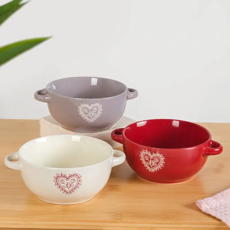 Hearty Handle Bowls – 3-Piece Set In Red, Grey & Cream, 370Ml 1