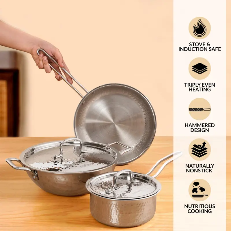 Heavy-Duty Triply Hammered Cookware Set Featuring Frying Pan, Kadai, And Saucepan 1