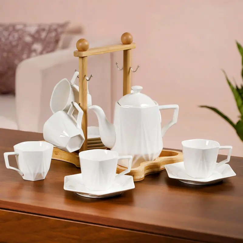Hexagonal Minimalist Tea Set – White Ceramic Collection With Wooden Base 1