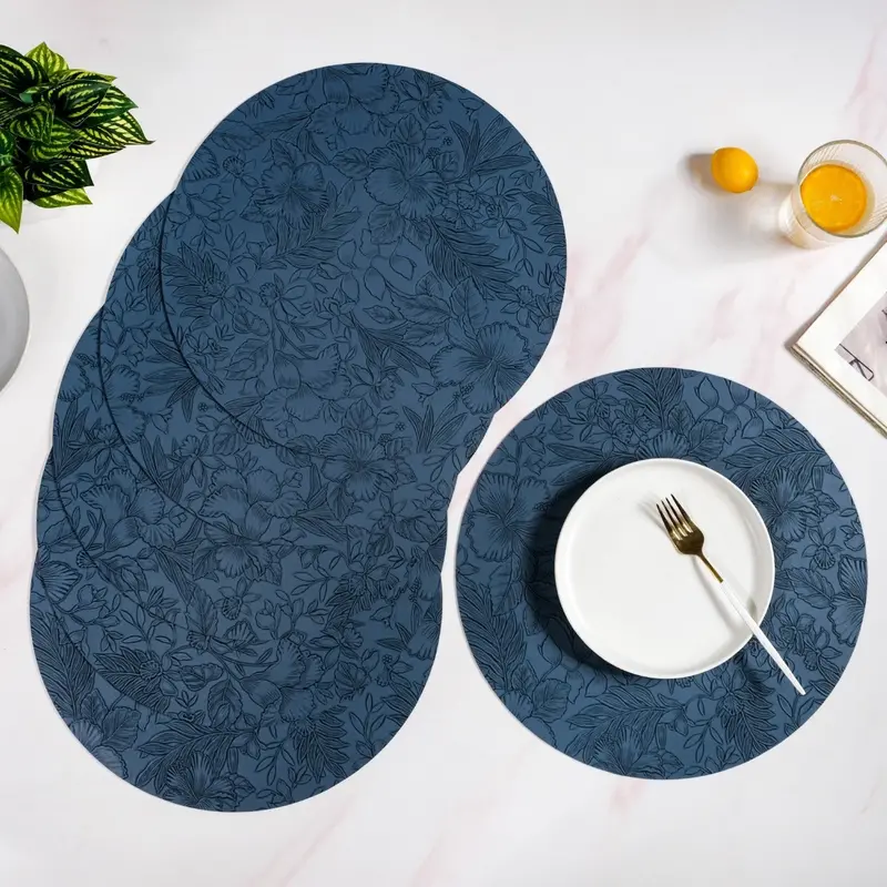 Hibiscus-Embossed Blue Round Placemats (6-Pack) 1