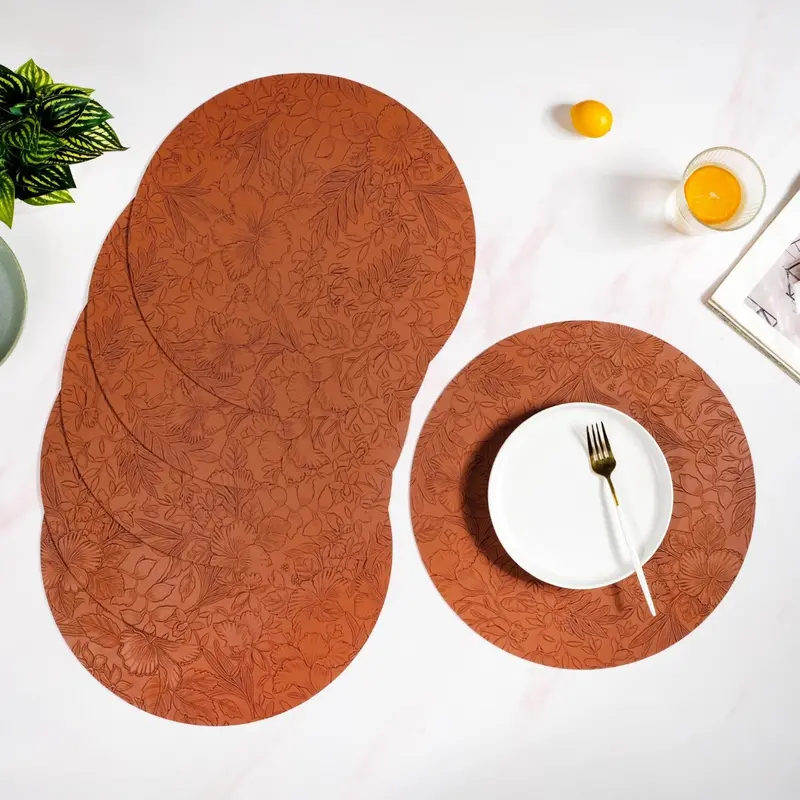 Hibiscus-Embossed Brown Round Placemats (6-Pack) 1